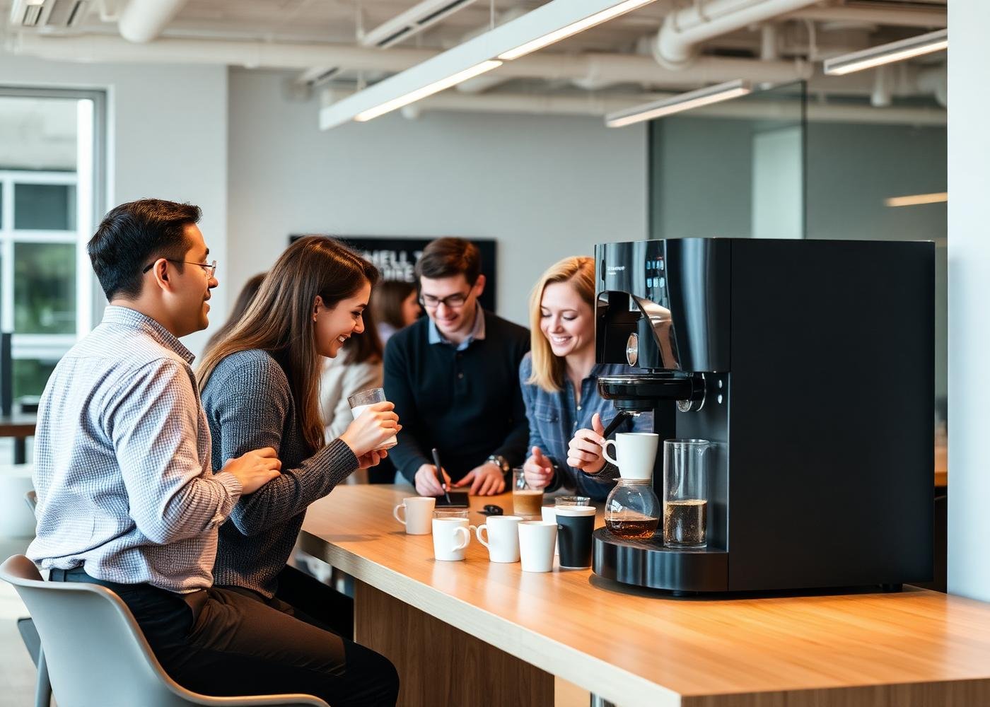 Colaboradores usando máquina Polo dos Cafés